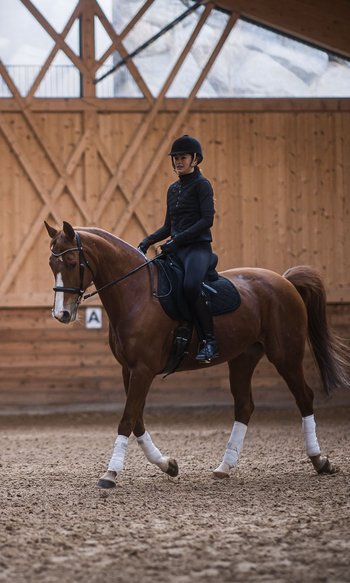 Ihre Hotels in Südtirol: die Heimat der Fülle Reiterin auf braunem Pferd in Reithalle mit Holzverkleidung