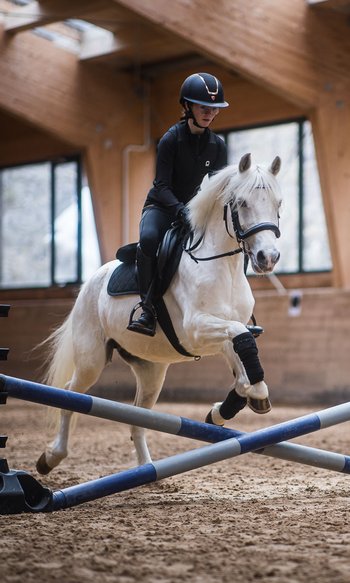 Ihre Hotels in Südtirol: die Heimat der Fülle Person reitet weißes Pferd und springt über Hindernis in einer Halle