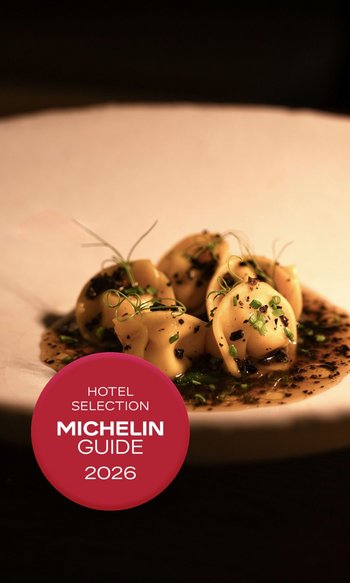 Erfüllender Urlaub in Ihrem Luxus-Chalet in Südtirol Gefüllte Pasta mit Kräutern und Sauce auf einem Teller, daneben ein Michelin Guide 2026-Siegel